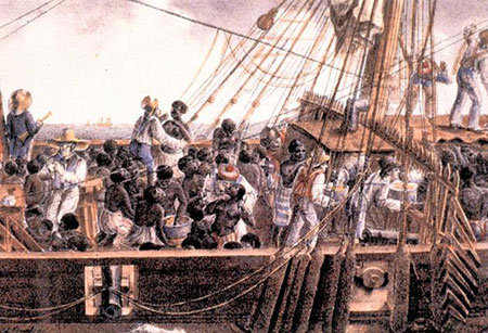 Enslaved Africans being transported to the Americas as unpaid workers for their wealth building plantations across the British West Indies