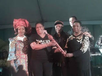Culture Minister Olivia "Babsy" Grange at a Sam Sharpe Commemoration ceremony at Tulloch Castle. At far left is Social Historial Professor Verene Shepherd; Dr. Hillary Brown from in charge of culture at the Caribbean Community Secretariat, CARICOM; Then MP Mr. Derrick Kellier and then Mayor of Montego Bay Mr. Homer Davis.