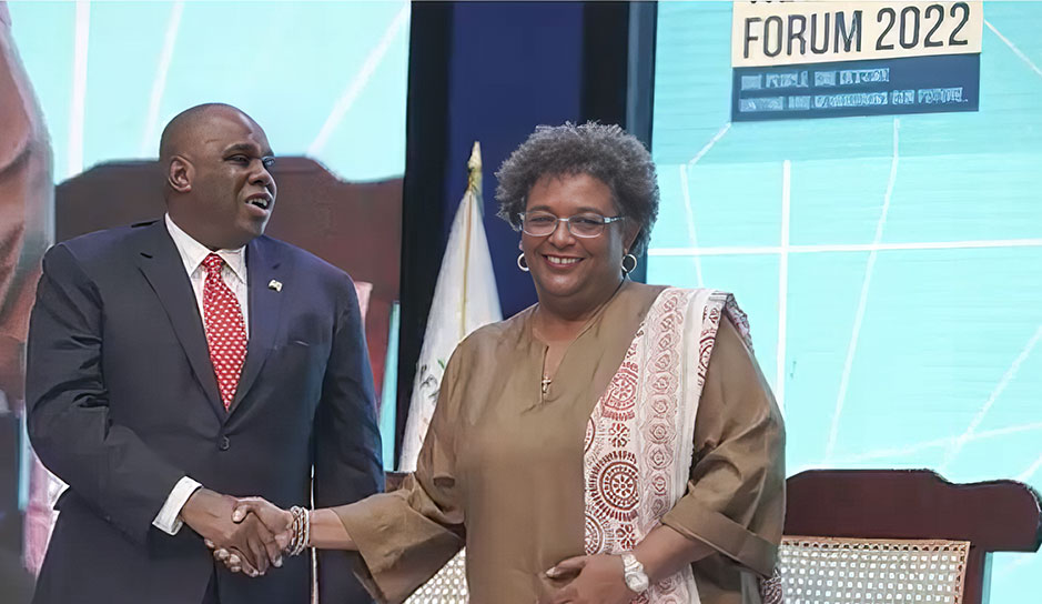 Chairman and CEO of the Afrtica Import Export Bank, Prof Benedict Okey Orama and the Prime Minister of Barbados Mia Amor Mottley at the launch of Afreximbank in Barbados.