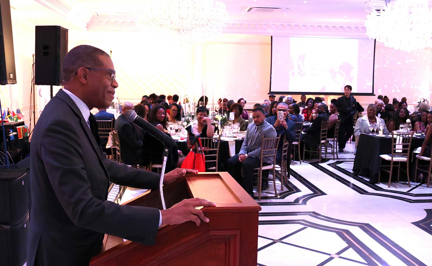 Jamaica’s Honorary Consul in Philadelphia, Mr. Christopher Chaplin, delivers remarks at the Caribbean Medical Mission’s (CMM) 21st annual black-tie gala at the Grand Ballroom in Totowa, New Jersey, on Saturday November 2nd 2024. (Derrick Scott photo)