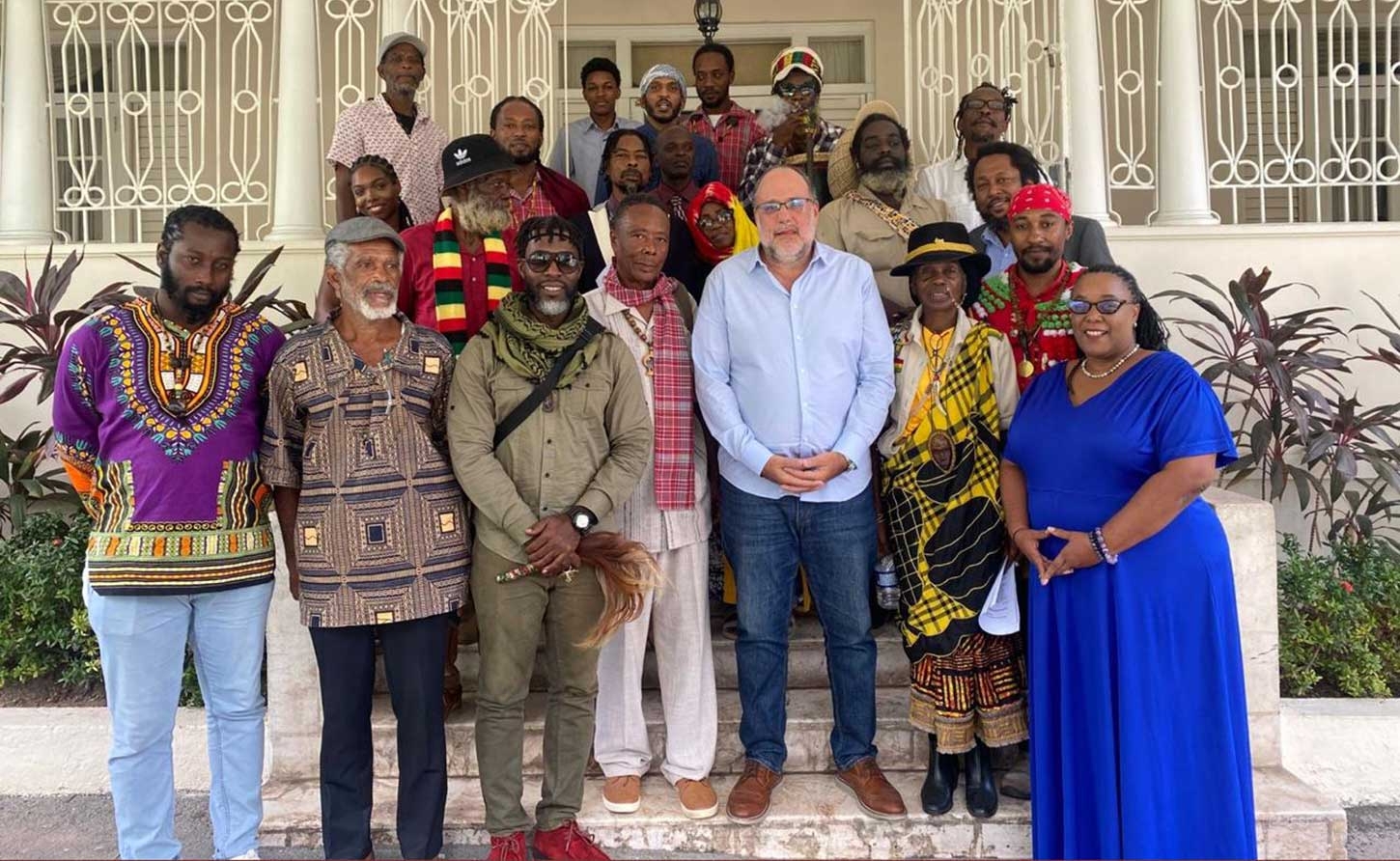 PNP President Mark Golding and Culture Spokesperson, Dr. Debora Hickling meets with members of the island Maroon and Tiano communities.