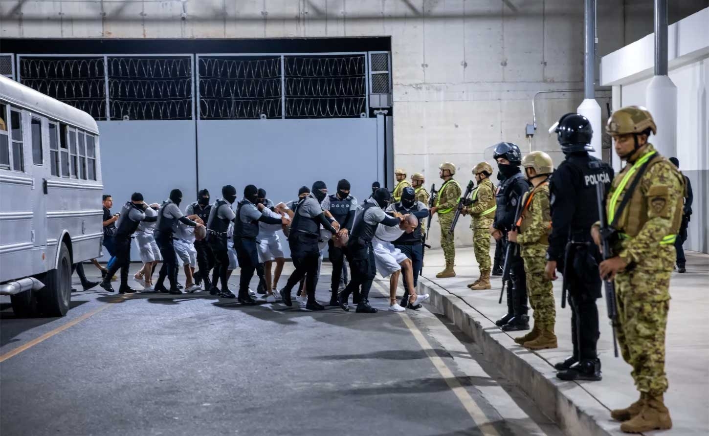 7 alleged members of Venezuela's Tren de Aragua gang and members of the MS-13 gang, who were deported to El Salvador by the US in San Salvador, El Salvador on March 31, 2025.
