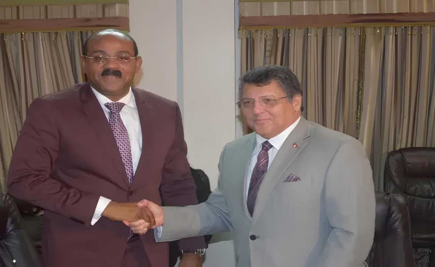 Prime Minister Gaston Browne and Gloibal Bank of Commerce CEO, Brian Stuart-Young