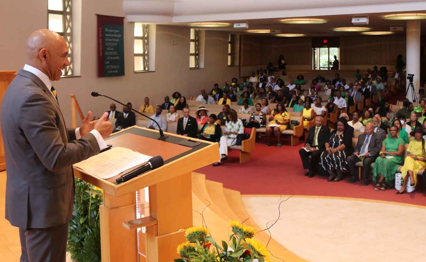 Ambassador Antony Anderson addresses the 63rd Independence church service at the Sligo Seventh-Day Adventist Church in Takoma Park, Maryland on Sunday, July 27, 2025 ( Photo Derrick Scott)