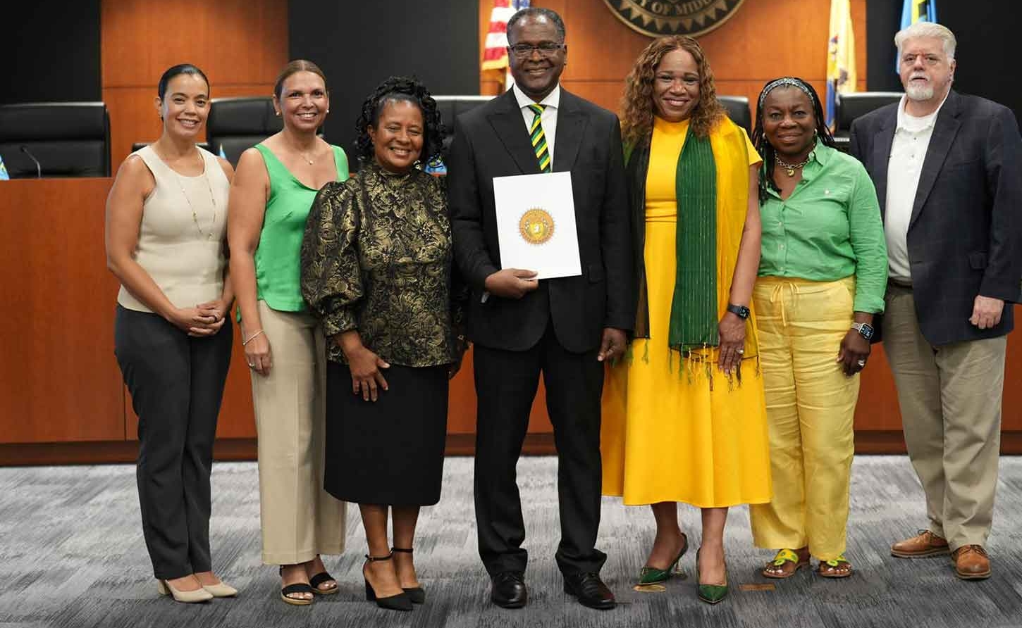 Mayor Elsie Foster along with Middlesex County Commissioners Charles Kenny, Clara Azcona Barber, and County Surrogate Claribel Cortes