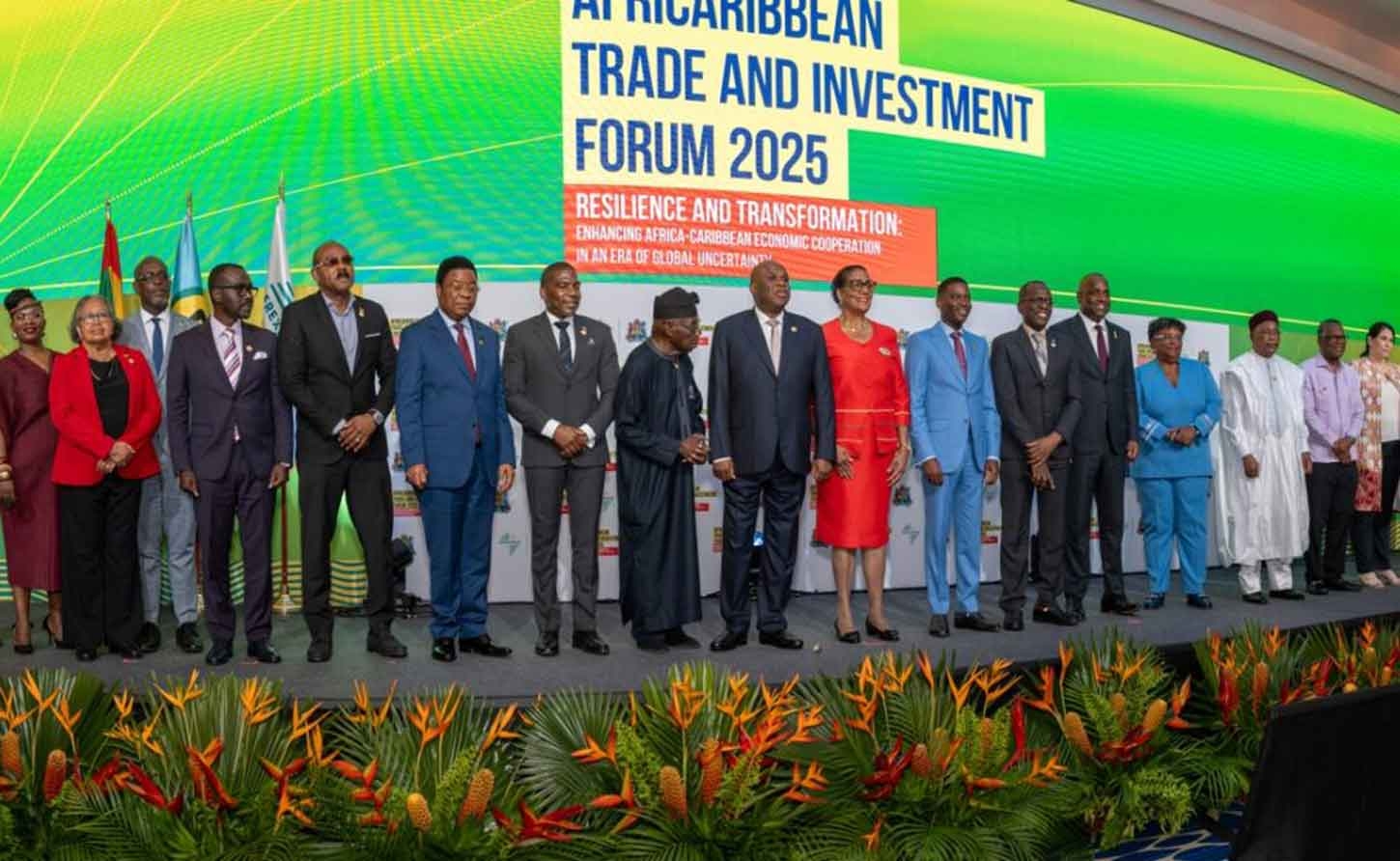 Professor Benedict Oramah and Prime Minister Hon. Dickon Mitchell pictured alongside distinguished past and present African and Caribbean leaders at ACTIF2025 in St George’s, Grenada. Photo: Afreximbank
