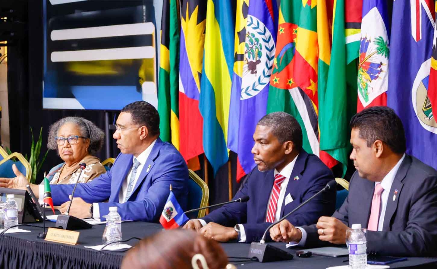 Dr Carla Barnett, CARICOM Secretary-General; Prime Minister of Jamaica Dr  Andrew Holness,  Chair, CARICOM ; Dr Terrance Michael Drew, Prime Minister, Saint Kitts and Nevis; H.E.Laurent Saint-Cyr, President-Counsellor of the Transitional Presidential Council (TPC), Haiti .