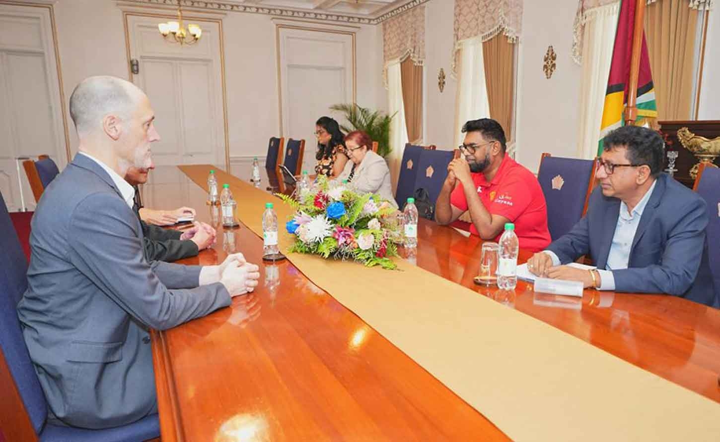 President Irfaan Ali meeting with representatives from the Carter Center in Guyana on a pre-election assessment mission, ahead of the 2025 Regional and General Elections. Seated with the President are  Minister of Governance and Parliamentary Affairs,  Gail Teixeira; Attorney General and Minister of Legal Affairs, Anil Nandlall SC.