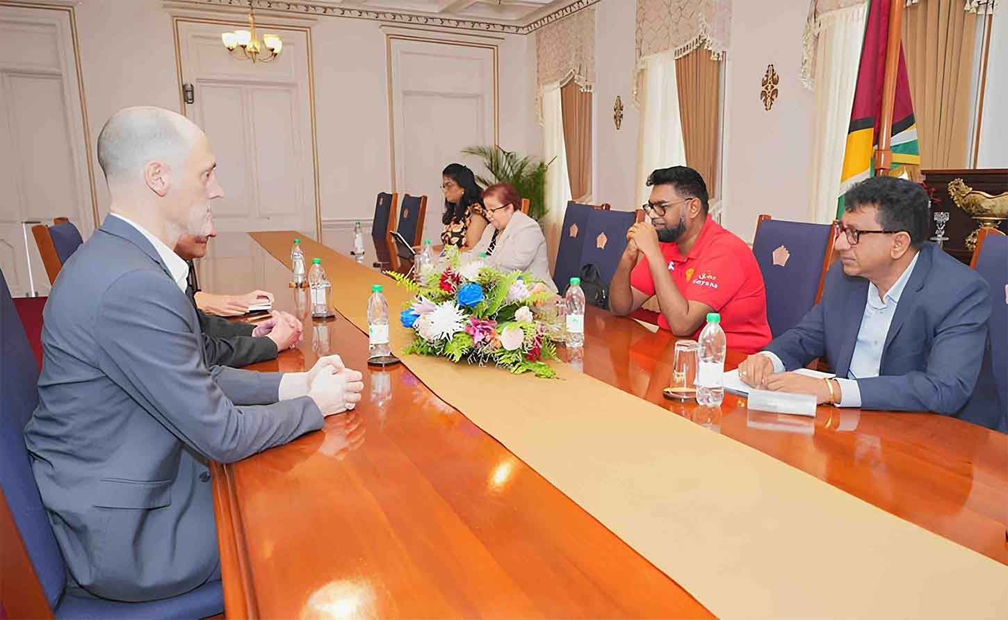 President Irfaan Ali meeting with representatives from the Carter Center in Guyana on a pre-election assessment mission, ahead of the 2025 Regional and General Elections. Seated with the President are  Minister of Governance and Parliamentary Affairs,  Gail Teixeira; Attorney General and Minister of Legal Affairs, Anil Nandlall SC.
