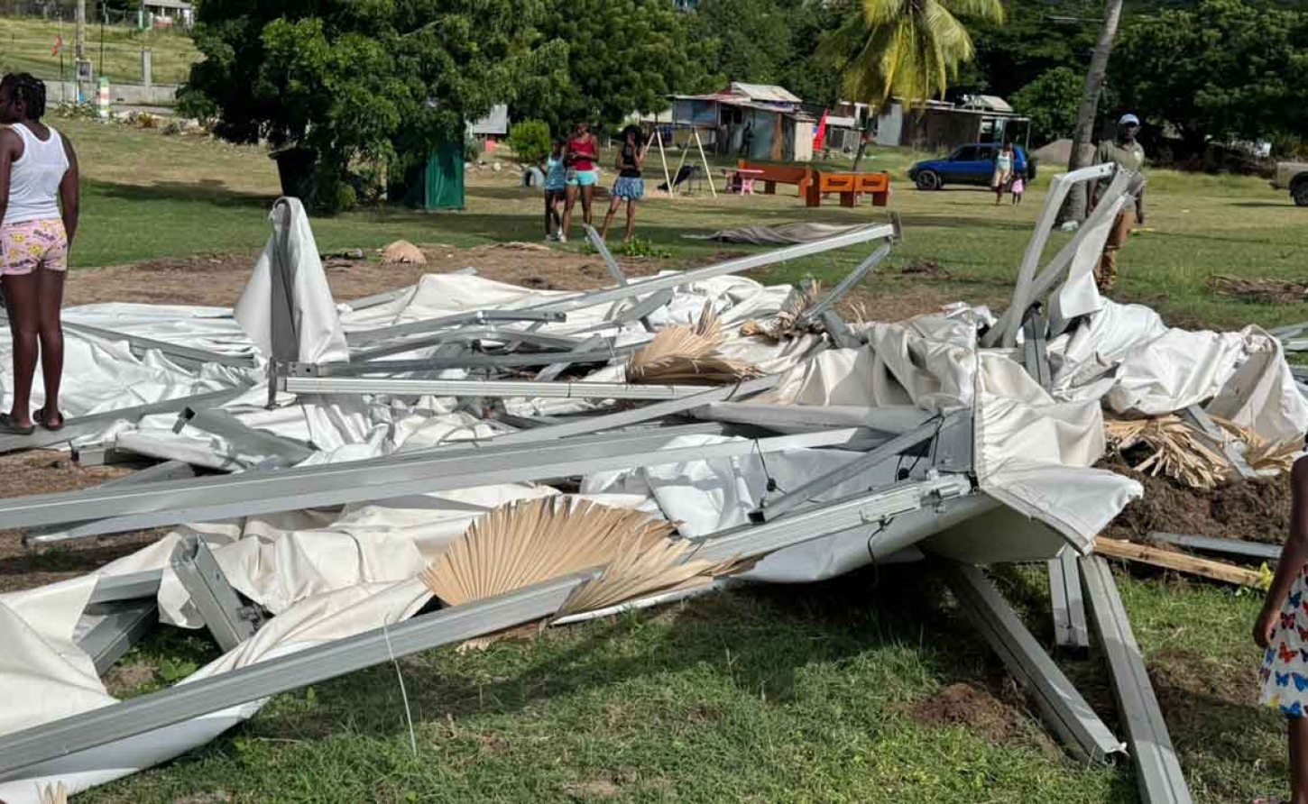 The tent connected to Opposition Leader and MP for the area, Jamale Pringle, at Morris Bay that was destroyed by the Develppment Control Authority  allegedly upon the instructions of Prime Minister Gaston Browne.