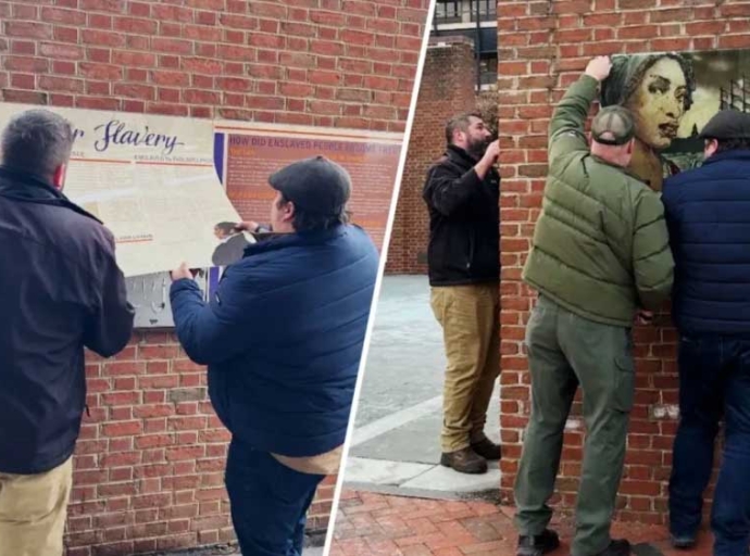 Workmen removing slavery exhibit at Philadelphia’s Independence National Historical Park