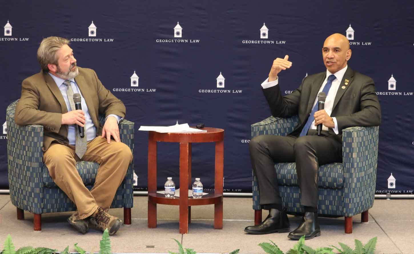Jamaica’s Ambassador to the United States Major General (Ret’d.) Antony Anderson (right), discusses Jamaica’s Role in Regional Security at a public forum at George Town University with  Director of Georgetown National Security Law Program, Todd Huntley.
