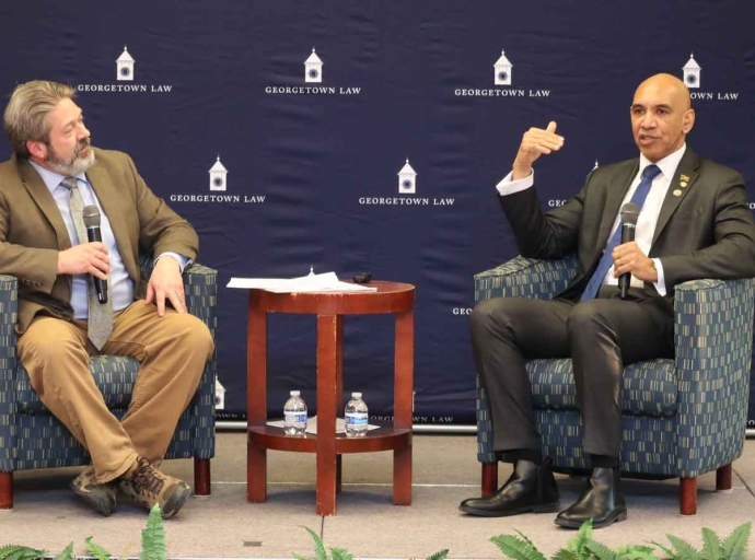 Jamaica’s Ambassador to the United States Major General (Ret’d.) Antony Anderson (right), discusses Jamaica’s Role in Regional Security at a public forum at George Town University with  Director of Georgetown National Security Law Program, Todd Huntley.