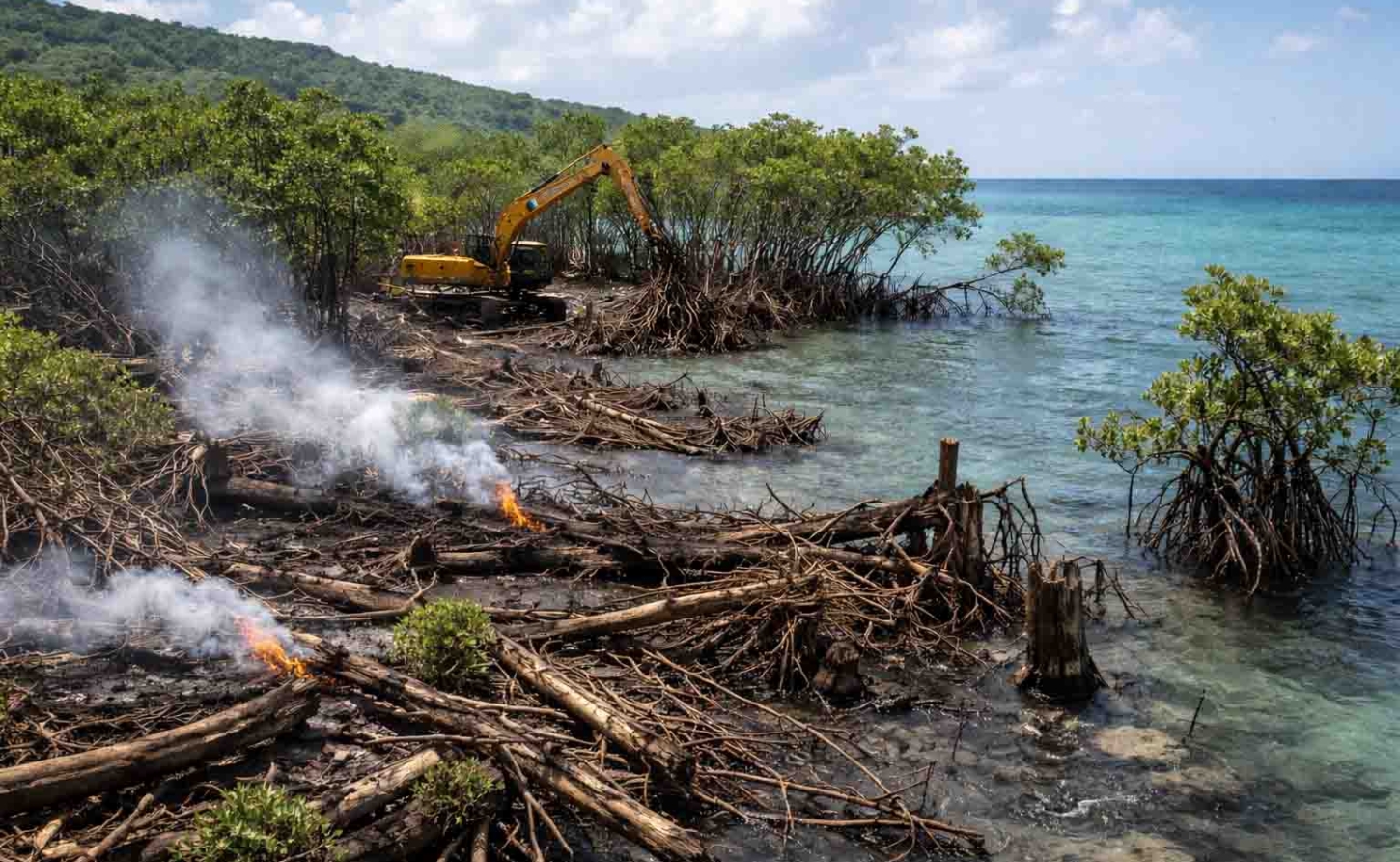 Coastal land along Jamaica’s north and northwest coastline — and in their wake, the mangrove forests that have stood for centuries are being cleared. Quietly. Systematically. Without the public outrage these acts deserve.
