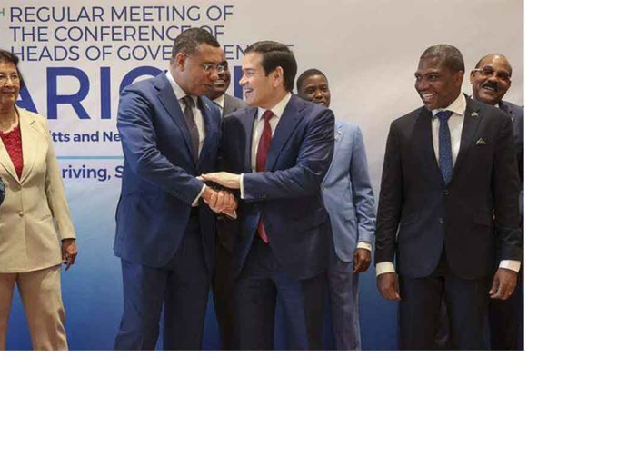 Prime Minister Dr. Andrew Holness greets US Secretary of State Marco Rubio at the recent CARICOM Summit in St. Kitts and Nevis