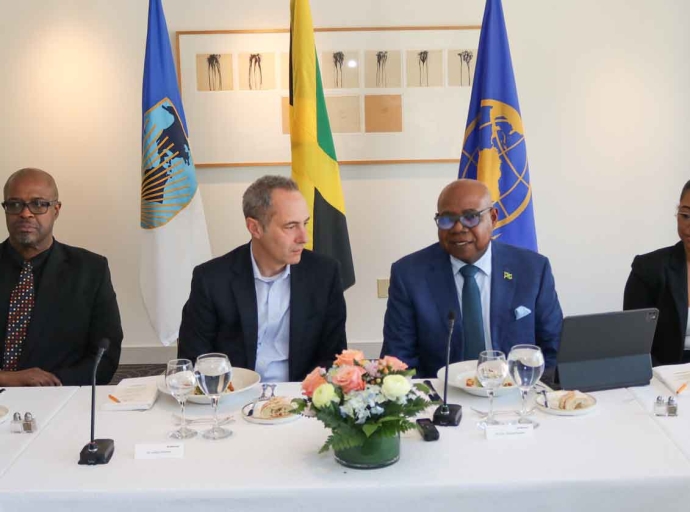 Tourism Minister  Edmund Bartlett address members of the board of the Inter-American Development Bank (IDB) at a luncheon hosted in his honour in Washington, D.C. April 7, 2026. From left are Professor Lloyd Waller, Executive Vice President of the IDB Jordan Schwartz and Ms Christina Edwards Director of tourism and International Trade relationship. | Derrick Scott Photo