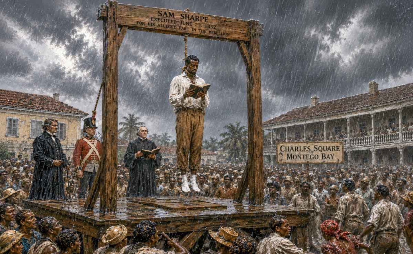 Created image of Sam Sharpe being hung in Charles Square on the 23rd of May 1832