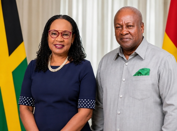 Senator Donna Scott-Mottley and His Excellency John Dramani Mahama, President of the Republic of Ghana,