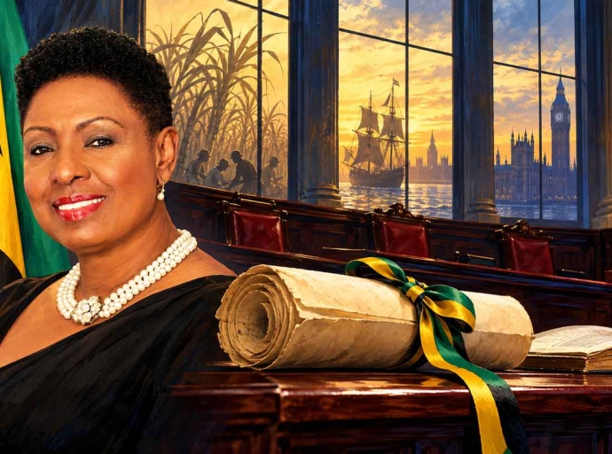 Culture Minister Olivia Grange beside an Illustration of a rolled petition tied with a black, green and gold ribbon on a courtroom bench, with a London skyline and a sailing ship in the windows