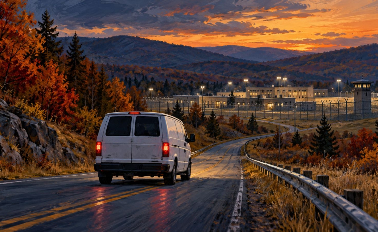 Illustration of a white van on an autumn road at dusk heading toward a fenced low-security prison