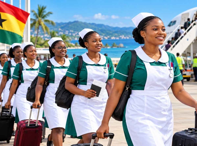 Graphic showing Ghana nurses going from Accra, Ghana, to St John’s, Bridgetown and St George’s in the Caribbean
