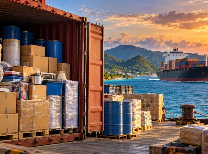 Illustration: assault rifles hidden among household goods in a shipping container on a dock, with a cargo ship heading toward Caribbean islands