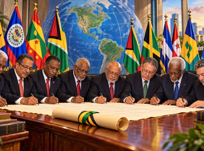 Illustration of former heads of government of the Caribbean Community signing a petition to Heads of Government of the United Nations in. support of Cuba.