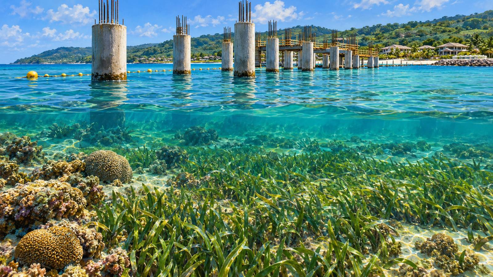 Illustration of a turtle-grass seagrass meadow with coral heads in a shallow Caribbean bay, with a row of concrete pilings for overwater suites rising from the water