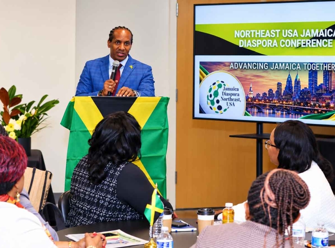  Minister of State in the Ministry of Foreign Affairs and Foreign Trade, with responsibility for diaspora affairs, Hon. Alando N. Terrelonge, delivers the keynote address at the opening of the second Jamaica Diaspora Northeast USA Conference at Temple University in Philadelphia, Pennsylvania, on Friday, October 23, 2026. Photo by Derrick Scott.