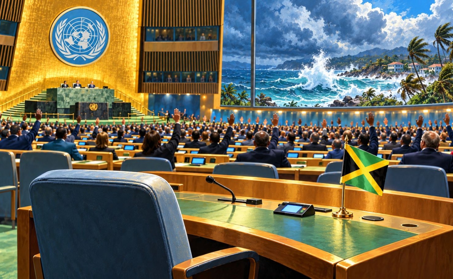 Illustration: an empty delegate seat with a Jamaican flag in the UN General Assembly hall