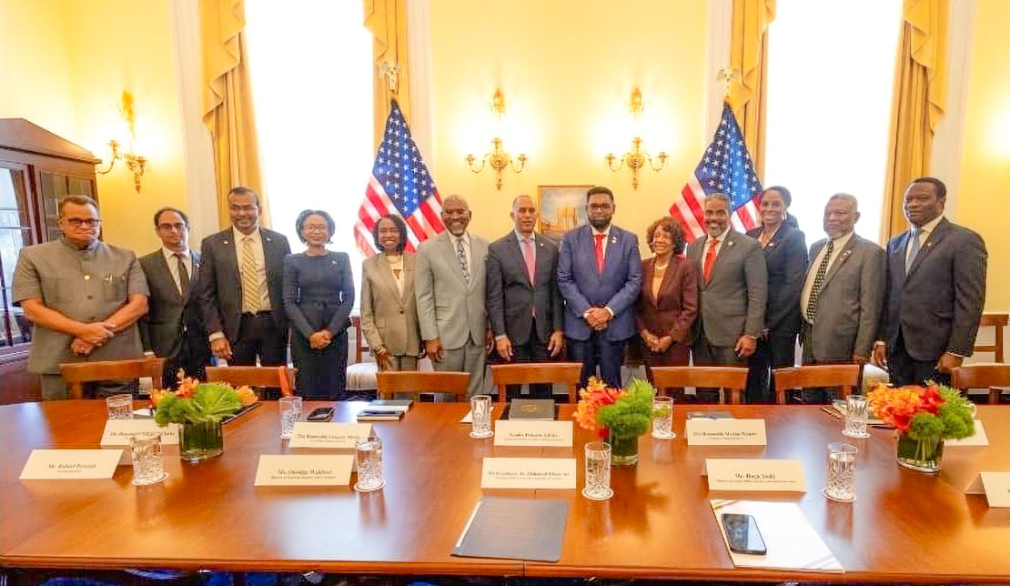 Democratic House Leader Hakeem Jeffries was accompanied to his meeting with the Guyana President by Chairman of the Congressional Black Caucus, Congressman Steven Horsford of Nevada, First Vice Chairman of the Congressional Black Caucus, Congresswoman, Yvette Clarke of New York, Congresswoman Maxine Waters of California and Congresswoman Stacey Plaskett of the Virgin Islands.
