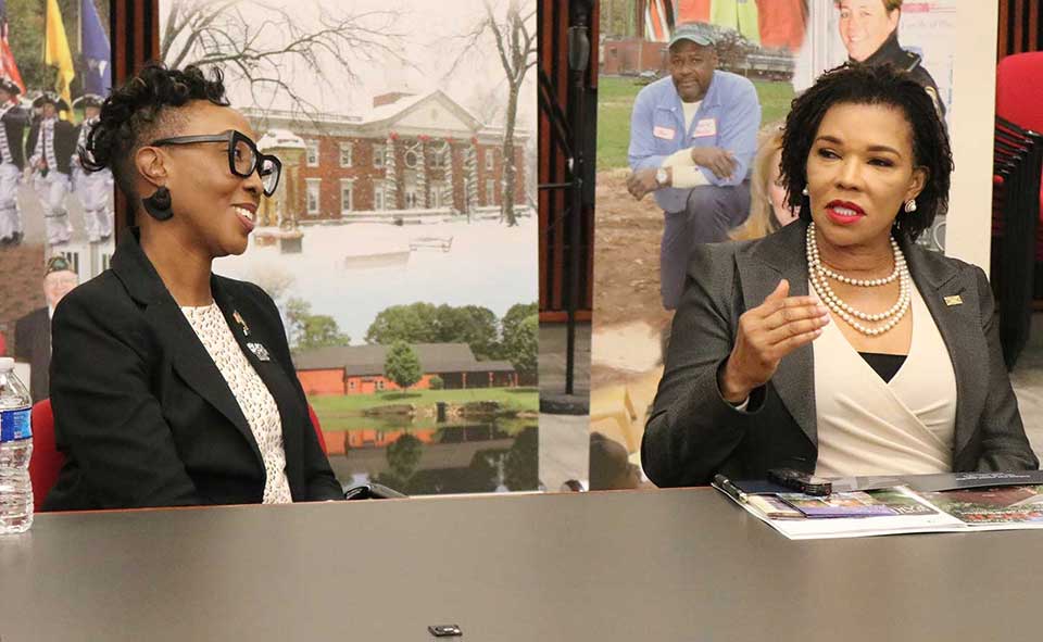 Jamaica’s then Ambassador to the United States, Audrey Marks addresses members of the Windsor Town Council at its chamber on a visit to Windsor. At left, is mayor of the town of Windsor, Nuchette Black-Burke.
