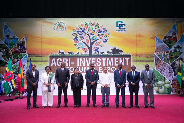 Several Caricom leaders and Caricom Secretary-General Dr. Carla Barnett [fourth right] following the official opening ceremony of the Agri-Investment Forum and Expo, at the National Cultural Centre (NCC), Thursday.