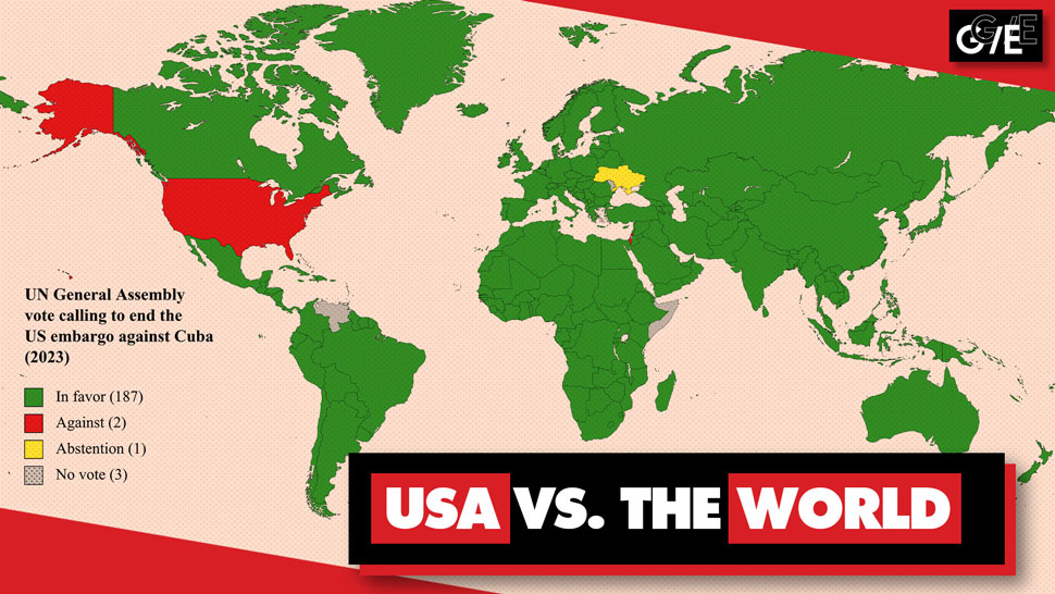 Cuba blockade UN vote November 2023. USA vs the world: Blockade on Cuba opposed by 97% of countries at UN - Geopolitical Economy Report. Only the United States and Israel voted for the blockade to remain.