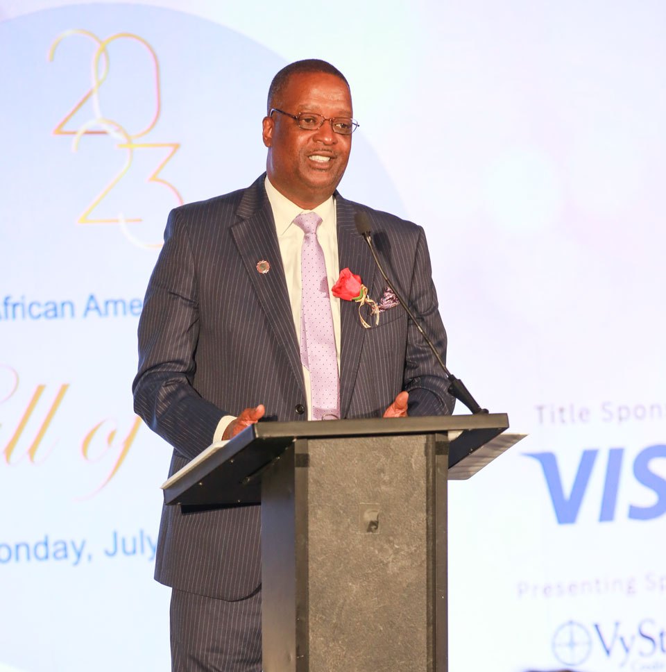 New Inductee to the African American Credit Union Hall of Fame, Mr. Gary Officer, delivers an address at the organization’s Hall of Fame Induction award Ceremony, held at the Atlanta Evergreen Lakeside Resort in Stone Mountain, on Monday the 17th of July 2023.