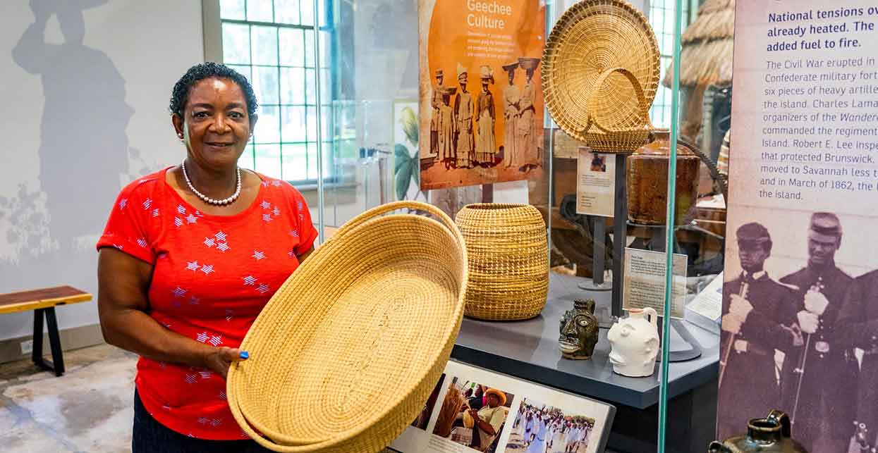 The ancient tradition of basketmaking continues as one of the oldest art forms of African origin in America.  Today, Yvonne Groover teaches sweetgrass basketmaking classes throughout the region in an effort to preserve these traditions for future generations. 