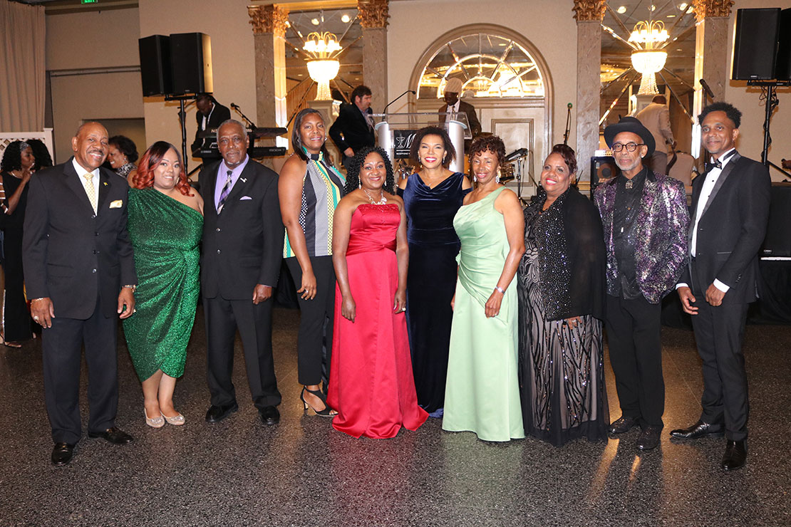 Jamaica’s Ambassador to the United States, Her Excellency Audrey Marks center shares the spotlight with members of the Jamaioca Association of Maryland Independence Gala committee at the association Gala at Martin’s West, on Saturday 19thAugust 2023. (Derrick Scott Photo).