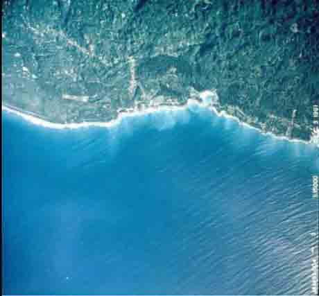 High-altitude satellite view of Little Bay and Brighton, Westmoreland.