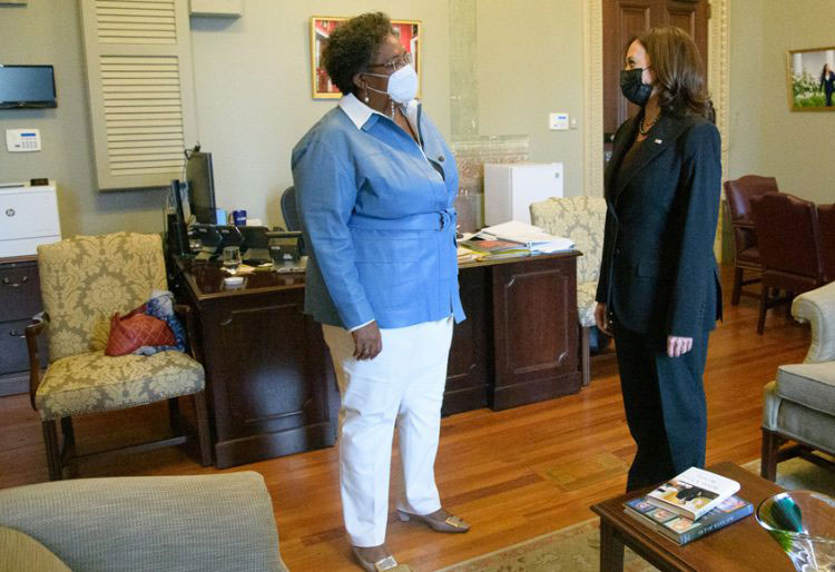Mia Mottley and Kamala Harris held bi-lateral talks in hour-long meeting at Harris’ office in the Eisenhower Executive Office Building, next door to the White House.