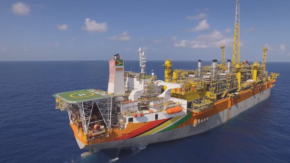 ONE GUYANA Floating, Production, Storage and Offloading (FPSO) vessel in Guyanese waters. This vessel operates along-side the Destiny, Unity and Prosperity FPSOs in the Stabroek block offshore Guyana.  Constructed by SBM Offshore, the ONE GUYANA FPSO operates in the Yellowtail development, with an overall storage volume of around two million barrels.