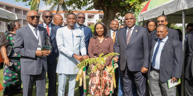 Professor Benedict Oramah, President and Chairman of the Board of Directors of Afreximbank and the Prime Minister of Grenada, the Hon. Dickon Mitchell are joined by senior representatives of Afreximbank and Government of Grenada officials during a symbolic tree-planting ceremony at Camerhogne Park, St. George’s, Grenada. 