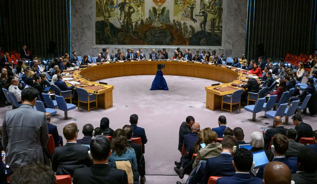 UN Photo/Loey Felipe A wide view of the UN Security Council chambers as members meet on the situation in the Middle East, including the Palestinian question.