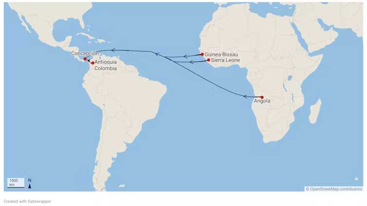 The journey over sea and land. Paola Vargas Arana/Usifo Omozokpea/Open Street Map