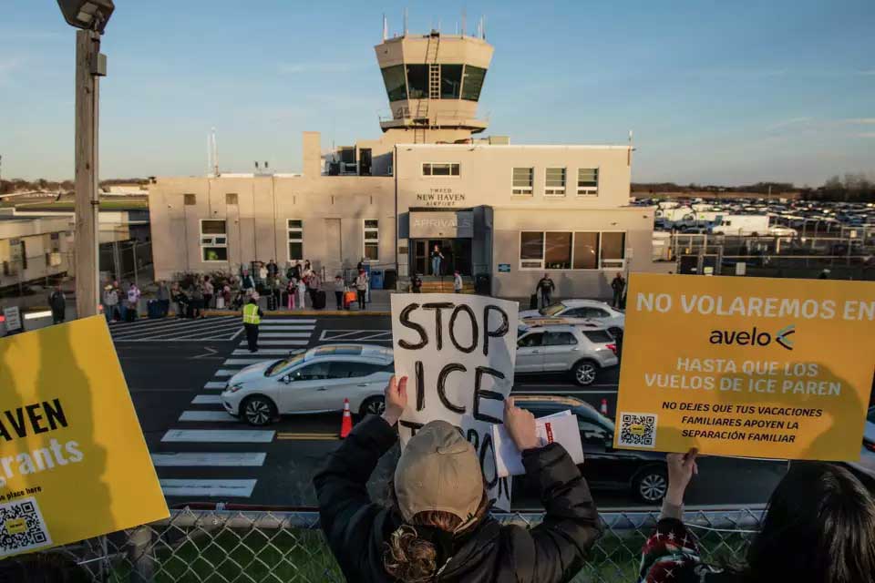 Protesters at Tweed New Haven Airport in Connecticut, the home of Avelo's largest base