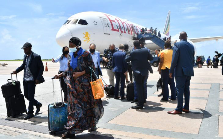Participants of the upcoming three-day AfriCaribbean Trade and Investment Forum (ACTIF) 2022, received a warm welcome as they arrived at the Grantley Adams International Airport. (C. Pitt/BGIS) 