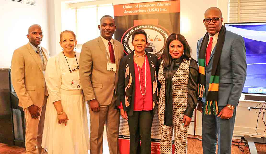 Jamaica's Ambassador to the United States, Her Excellency Audrey Marks (fourth left), with (from left) Secretary General of the Jamaica Teachers’ Association, Dr. Mark Nicely; President of the Union of Jamaican Alumni Associations (USA) Inc., Lesleyann Samuels; President of the Jamaica Teachers’ Association, Winston Smith; Jamaica’s Consul General to New York, Alsion Wilson and Chairman, Jamaica Diaspora Task Force Action Network (JDTAN), Leo Gilling, at the opening of the Jamaica Diaspora Education Task Force Seventh Education Summit, at the Marymount College in Manhattan, New York, on March 21 | Derrick Scott Photo