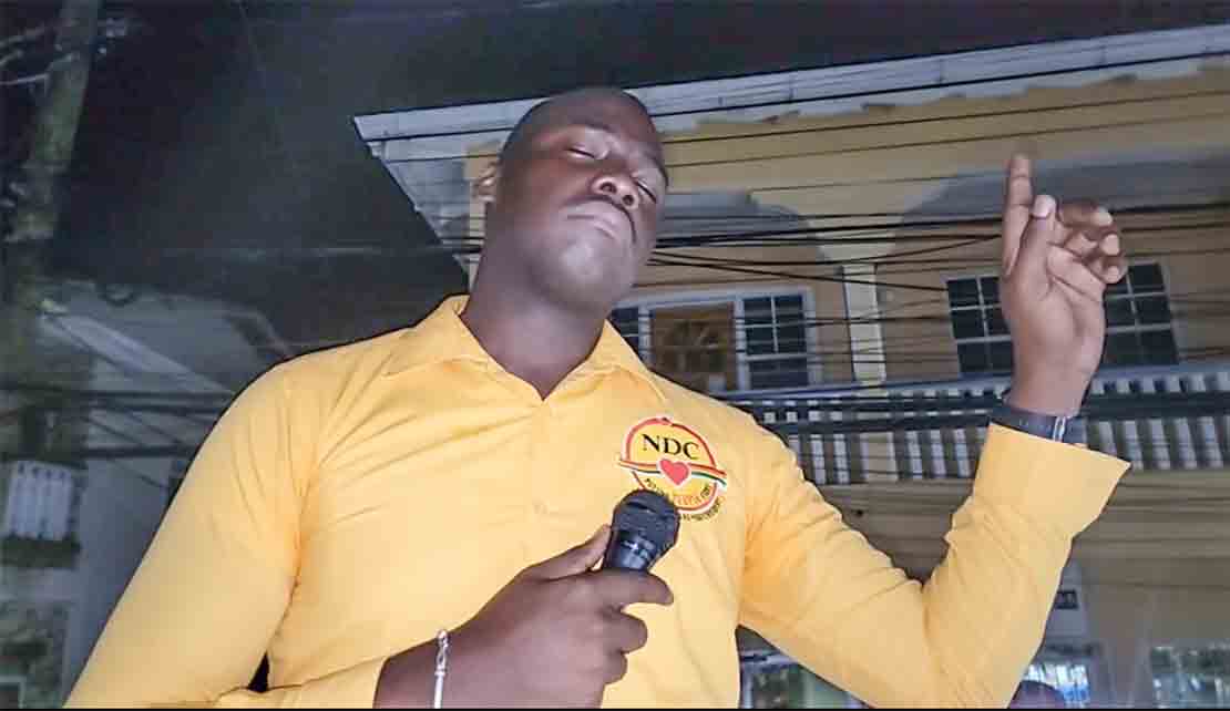 NDC Leader Dickon Mitchell giving thanks for his party's victory just before addressing his audience.