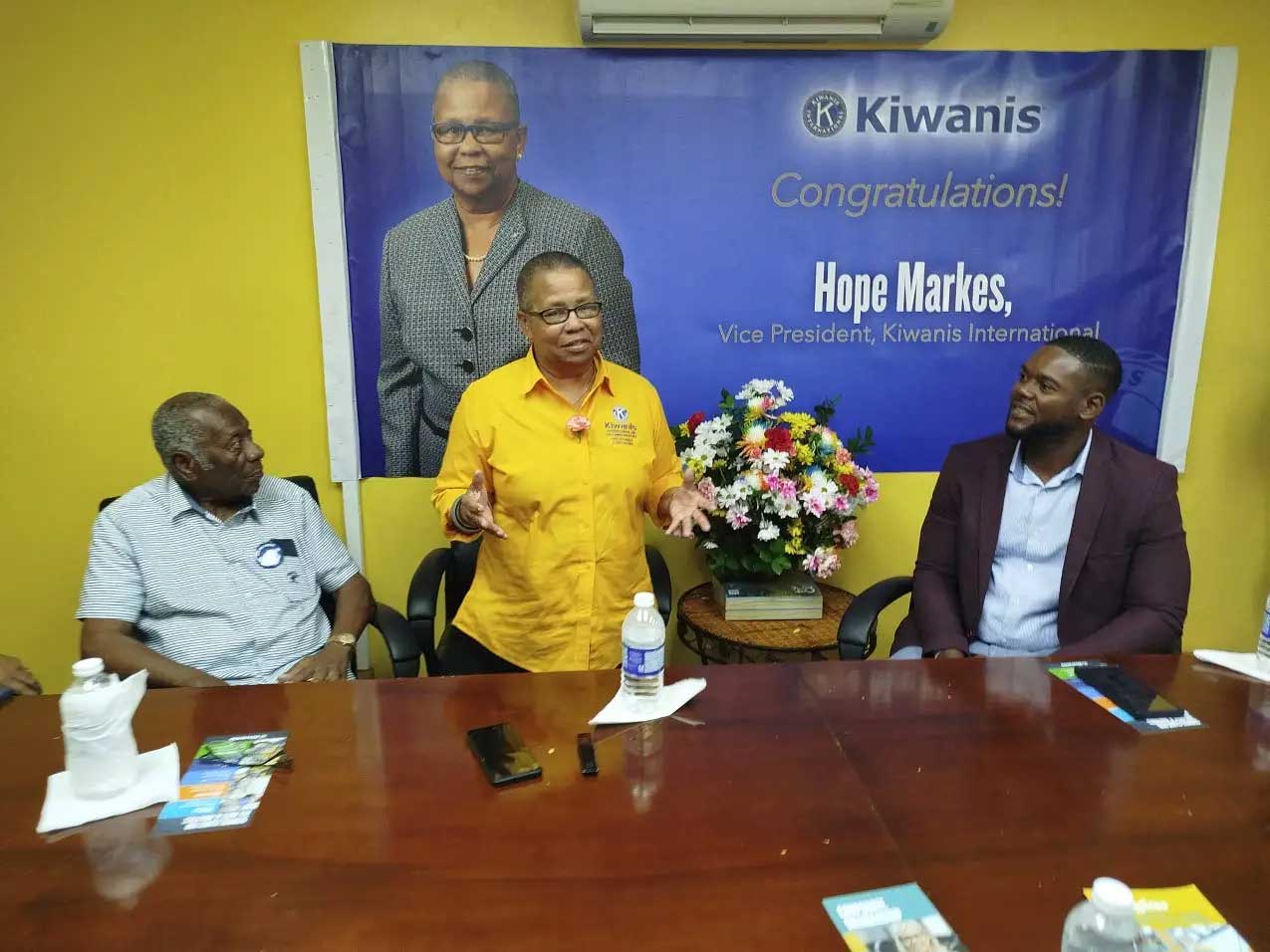 Vice-President of Kiwanis International Hope Markes as she addressed a local club. Looking on are Kiwanians Godfrey Dyer the first Caribbean man to have been elected president of the Kiwanis International Foundation(left) and Richard Vernon, mayor of Montego Bay.