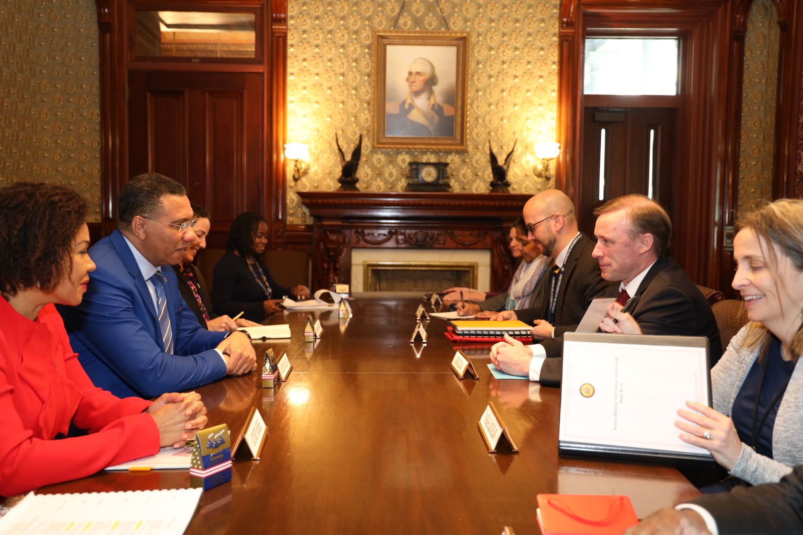 Prime Minister Andrew Holness engages US National Security Advisor Jake Sullivan in bilateral talks at the Eisenhower Executive Office Building The White House on Tuesday December 5, 2023. Supporting the Prime Minister from left are Jamaica’s Ambassador to the United States HE Audrey Marks, Foreign Minister Kamina Johnson-Smith and Minister Counsellor for Trade at the Embassy of Jamaica, Alicia Taylor.