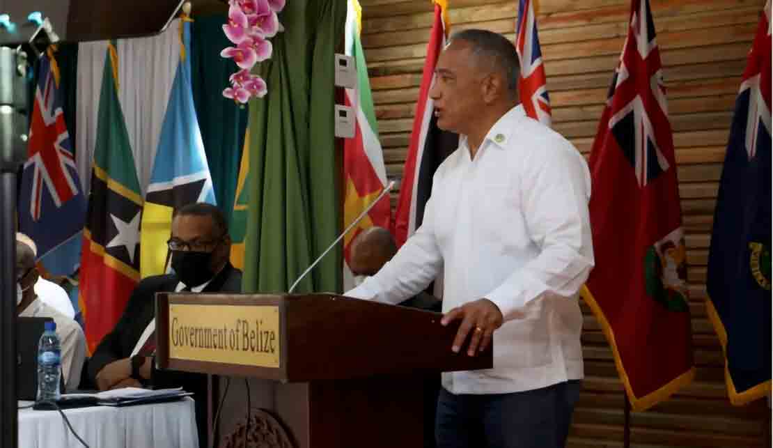 Belize’s Prime Minister John Briceno addressing the 33rd CARICOM Summit, 1 March 2022 in San Pedro, Ambergris Caye, Belize.